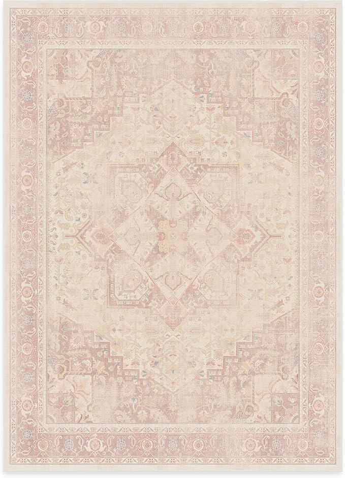 RUGGABLE Washable Area Rug – Kamran Soft Pink 5x7, Stain-Resistant, Non-Slip – Medium Machine Washable Rugs for Living Room, Bedroom, Hallway, Entryway & Office–with Standard Pad