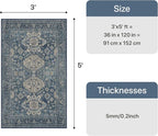 Bavni 3x5 Area Rug for Living Room Bedroom, Washable Boho Print Vintage Aesthetic Rug, Ultra-Thin Low Pile Rugs for Entryway Playroom with Non Slip Backing, Blue