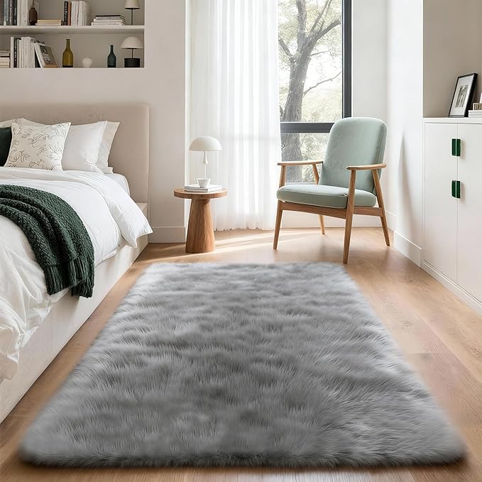 3x5 Solid Fluffy Grey Area Rug – Washable, Durable, Living Room Rug, Non-Slip High Pile Shag Rugs for Bedroom, Living Room, Bedside, Dorms, Nursery Rooms, Kids Room, Soft Indoor Floor Carpet