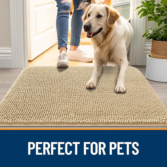 OLANLY Dog Door Mat for Muddy Paws 50x30, Absorbs Moisture and Dirt, Absorbent Non-Slip Washable Doormat, Quick Dry Chenille Mud Mat for Dogs, Entry Indoor Entryway Carpet for Inside Floor, Beige