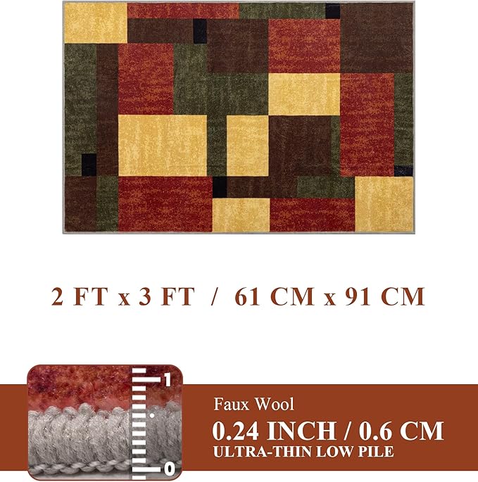 YIHOUSE Red and Green Entryway Rug 2x3,Checkered Area Rug,Vintage Welcome Mats for Front Door, Farmhouse Kitchen Rugs Washable, Geometric Area Rug for Indoor Entrance,Brown Boho Rugs