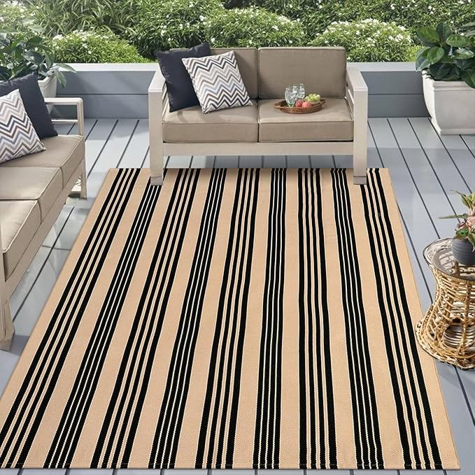 Black and Khaki Striped Rug 5'x7', Washable Outdoor Rugs Cotton Hand Woven Front Porch Rugs, Reversible Patio Rug Foldable Large Throw Rugs for Living Room Home Entrance
