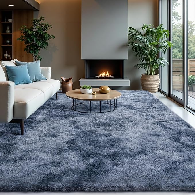 Zentavio Area Rugs for Living Room Large Rugs for Bedroom 8x10 Carpet Fluffy Fuzzy Soft Shag Aesthetic Plush High Pile Gray Throw Rug for Nursery Kids Room Dorm Tie-Dyed Blue Grey