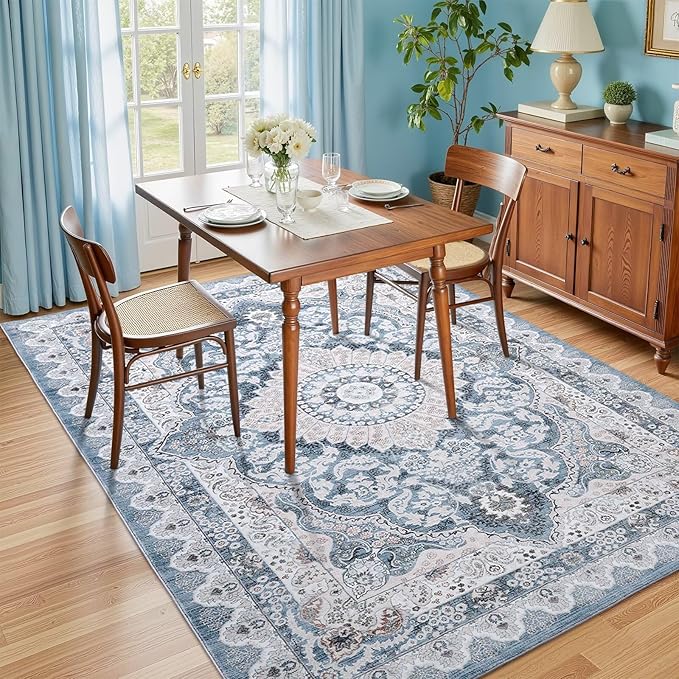 6x9 Area Rug for Bedroom, Machine Washable Rugs with Non-Slip Backing for Living Room, Large Vintage Carpet Kitchen Laundry Kids Room Decor, Blue & Beige