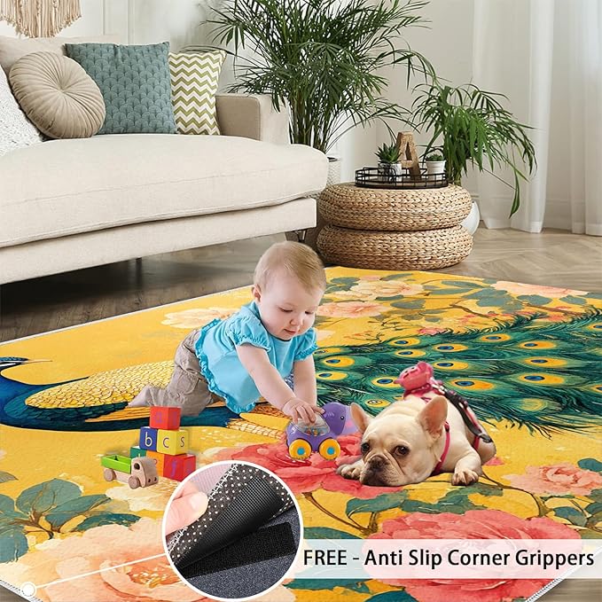 Classic Peacock Rug Small - 4x6 Rug, Peacock Peony Flower Washable Rugs for Living Room, Yellow Teal Turquoise Carpet, Non-Slip Area Rugs for Bedroom, Aesthetics Carpet - Peafowl Home Decor & Gifts