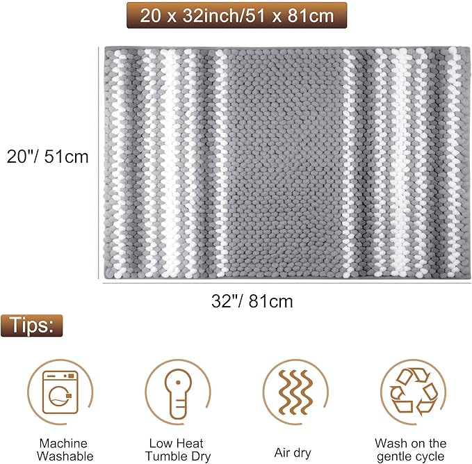 PiccoCasa Chenille Bathroom Rug, Soft Fluffy Absorbent Bath Mat, Medium Pile Striped Carpet Washable Non Slip Bathroom Floor Mats(20"x32",Dark Gray & White)