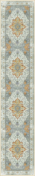 Area Rugs 2'6''x12' Washable Non-Slip, Floral Vintage Distress Print Pattern Medallion Carpet for Living Room Bedroom Dining Room, Light Yellow Carbon Grey Orange