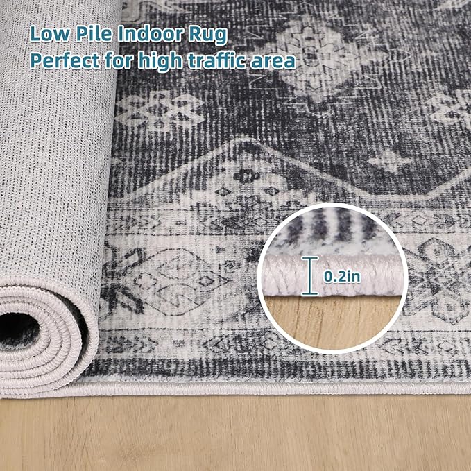 Dripex Vintage Washable Area Rug - 5x8 Distressed Rugs for Living Room Bedroom Oriental Medallion Floral Print Carpet Low-Pile Indoor Soft Non-Slip Accent Rug Farmhouse Office Home Decor