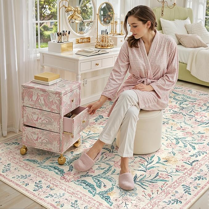Lahome Pink Washable Rugs for Bedroom Girls 6x9, Boho Floral Living Room Rugs Non-Slip, Soft Low-Pile Nursery Carpet for Dining Room Kids Dorm Decor, Blush