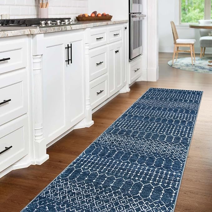 Lahome Moroccan Washable Kitchen Runner 2x8 Carpet Runners for Hallway 8Ft Low-Profile Non-Slip, Indoor Geometric Print Distressed Rug for Entryway Laundry Room Foyer, (Blue,2'x8')
