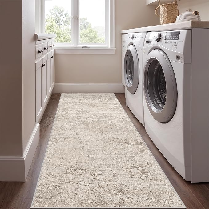 Art&Tuft 2x5 Runner Rug - Washable Runner Rugs, Non-Slip Runner Rug for Hallway, Low-Pile 2x5 Rug Runner Kitchen Laundry Room Rug Throw Carpet for Entrance Bedroom Living Room, Beige
