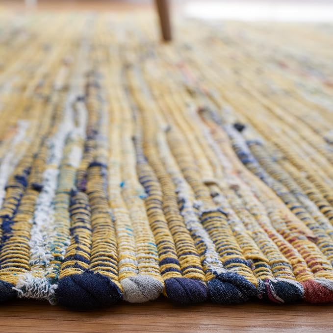 SAFAVIEH Rag Rug Collection Area Rug - 6' Square, Yellow & Multi, Handmade Boho Stripe Cotton, Ideal for High Traffic Areas in Living Room, Bedroom (RAR121H)