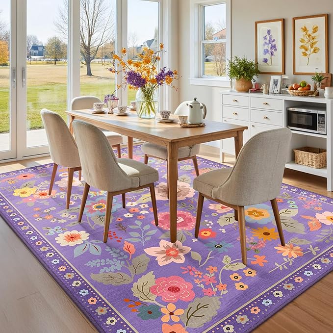 Floral 8x10 Area Rug Machine Washable Soft Print Boho Carpet Non Slip Doormat Low Pile Flower Area Rugs for Living Room Bedroom Nursery Kitchen Dining Room Indoor-Purple/Pink/Multi