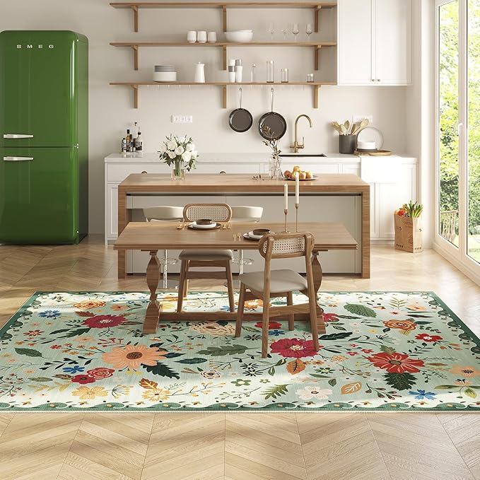 Living Room Rug 8x10 Rug Machine Washable Boho Area Rug Non Slip Floral Vintage Low Pile Large Rugs for Living Room, Bedroom, Farmhouse, Dining Room (Green)