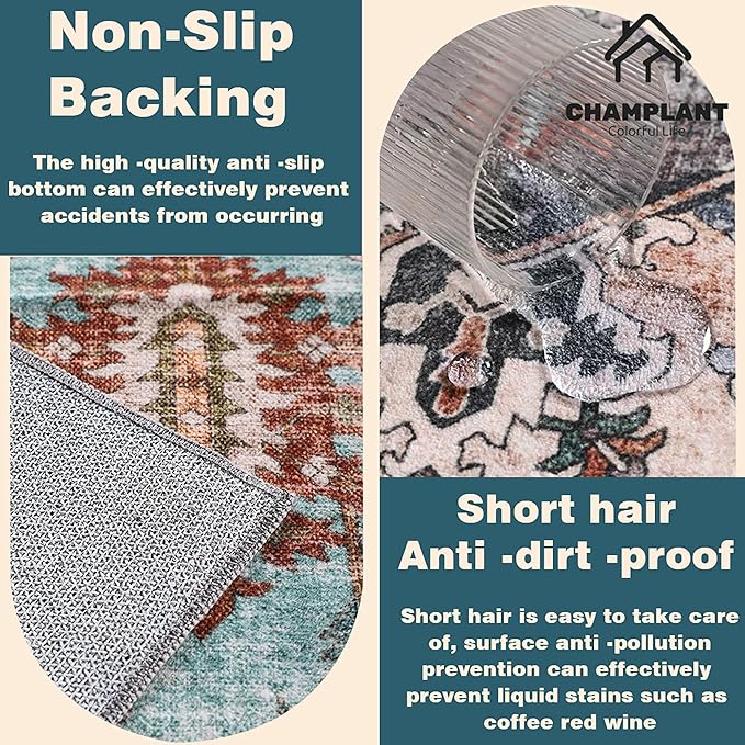Washable Area Rug 10'x14' Blue Khaki Retro Flowers Boho Design Non-Shedding Easy Care Ideal for High Traffic Areas in Living Room Bedroom Office Coffee Table Kitchen Large Carpet