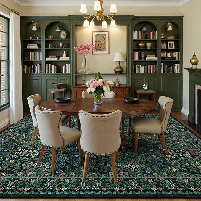 8x10 Area Rugs Living Room Rug - Floral Vintage Forest Washable Carpet, Low Pile Non-Slip Stain Resistance Boho Soft Large Carpet for Bedroom, Dining Room, Office, Farmhouse (8'x10' Dark Green)