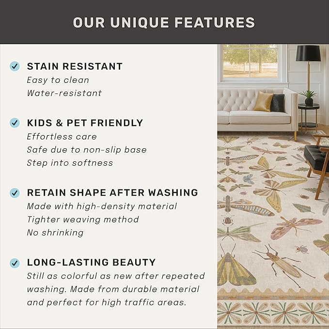 Large Beige Farmhouse Rugs for Living Room - 9x12 Area Rug for Bedroom, Dining Room, Kids Playroom, Stain Resistant Non Slip Low Pile Lightweight Carpet Indoor Butterfly Décor