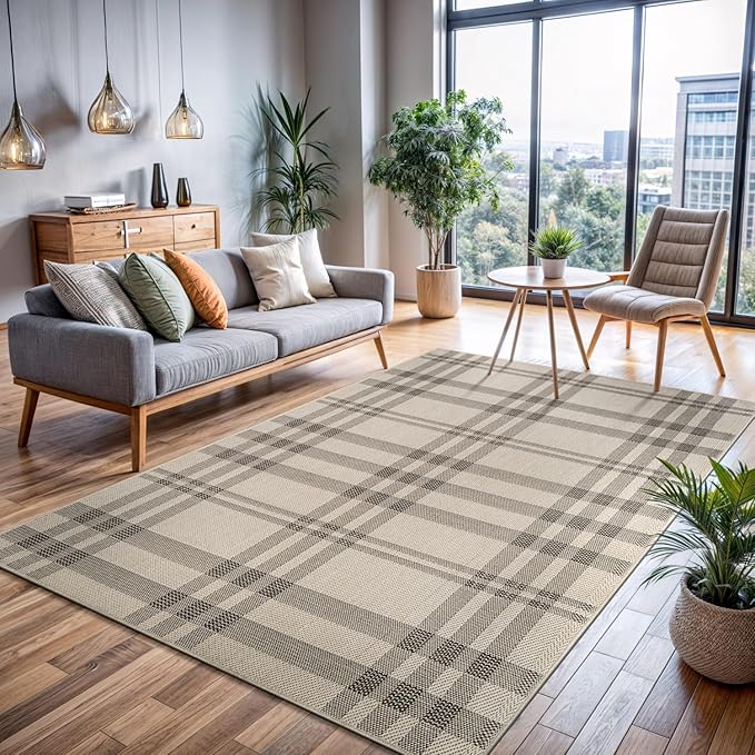 CAMILSON Easy Jute Rug 8x10, Indoor Outdoor Off-White Color Fiber Area Rugs for Entry, Living Room and Bedroom Rug, Checkred Boho Woven Design, Easy-Cleaning, Washable Outside Carpet (8 x 10)