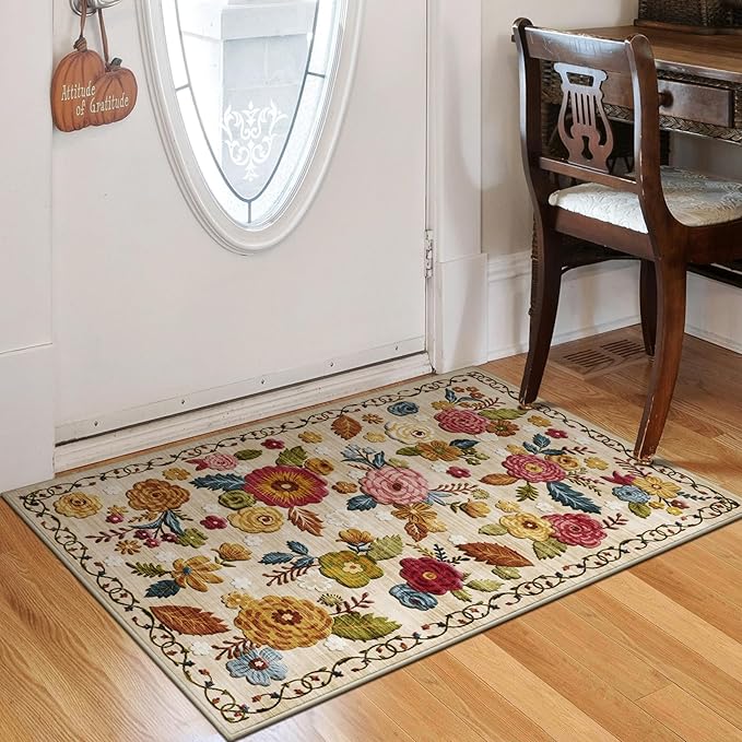 2x3 Machine Washable Area Rug for Entryway, Beige Vintage Boho Floral Rug Non-Slip Low Pile Soft Faux Wool Small Carpet, Kids and Pets Friendly for Bedroom Kitchen Hallway Bedside Home Decor Rug