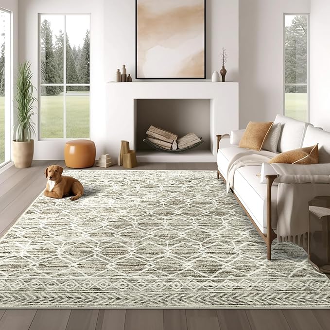 jinchan Moroccan 6x9 Area Rugs for Living Room - Machine Washable Modern Geometric Stain Resistant Ultra-Thin Low-Pile Large Rug Non-Slip Carpet for Bedroom Kitchen Dining Room (6x9ft, Taupe)