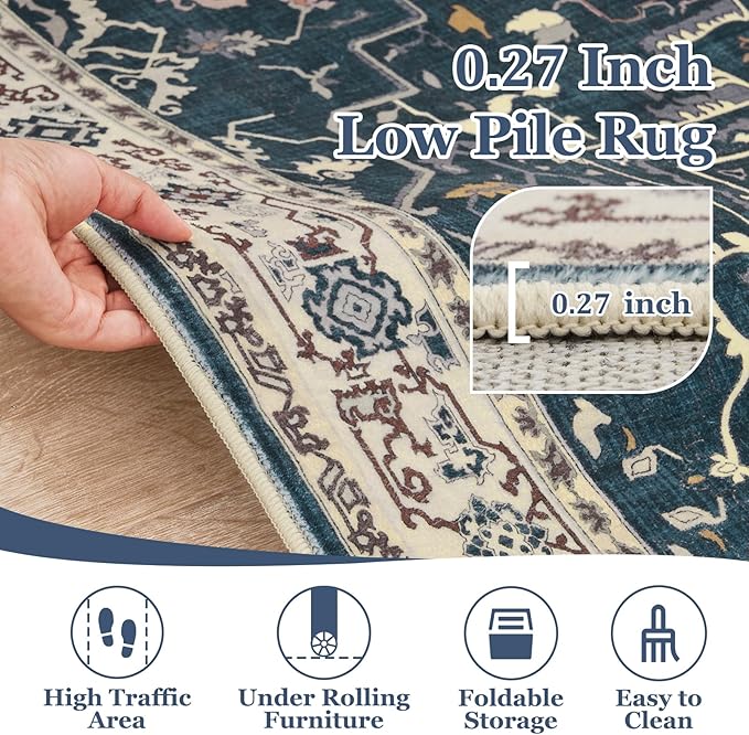 Large Vintage Area Rugs 9x12 for Living Room, Dark Distressed Medallion Printed Big Carpet Rugs for Bedroom, Washable Non Slip Low Pile Thin Rugs for Dining Room, Deep Blue/Multi