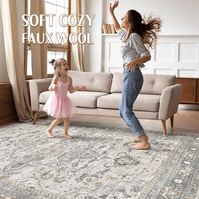 9x12 Area Rug Living Room: Washable Boho Large Neutral Vintage Soft Rugs Stain Resistant Distressed Farmhouse Non-Slip Indoor Floor Carpet for Bedroom Nursery Kids Office Dining Room- Taupe