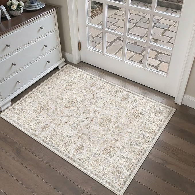 HUGEAR 2x3 Machine Washable Entryway Rugs Vintage Grey - Neutral Non Slip Stain Resistant Low Pile Aesthetic Throw Carpet Kids & Pet Friendly for Hallway Bedroom Kitchen