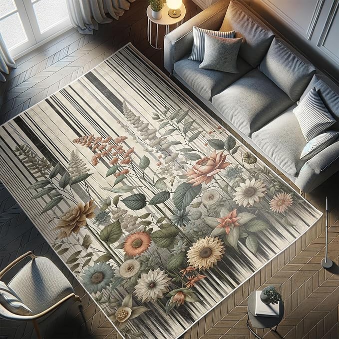 Ambesonne Botanical Decorative Rug, Nostalgic Garden Pattern with Flowers and Leaves on Retro Stripes, Quality Carpet for Bedroom Dorm and Living Room, 5' 1" X 7' 5", Sage Green and Salmon