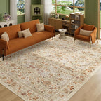 DUKINO 6x9 Rugs for Living Room, Vintage Washable Rug with Non Slip Backing, Floral Low Pile & Non-Shedding Large Area Carpets for Bedroom, Dining Room, Farmhouse, Home Office, Beige
