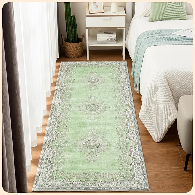 Istana Hallway Runner Rug 2.5x8 - Green Kitchen Rugs Non Slip Washable -Silk's Soft Touch Carpet Runner - Stylish Rugs for Home
