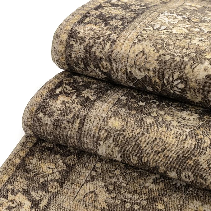 HUGEAR 2x6 Runner Rug Machine Washable Brown Hallway Area Rugs Indoor Accent Rugs Floral Mid Pile Carpet Distressed Soft Thicker Throw Rug Bedroom Office Dining Kitchen Laundry Non Slip
