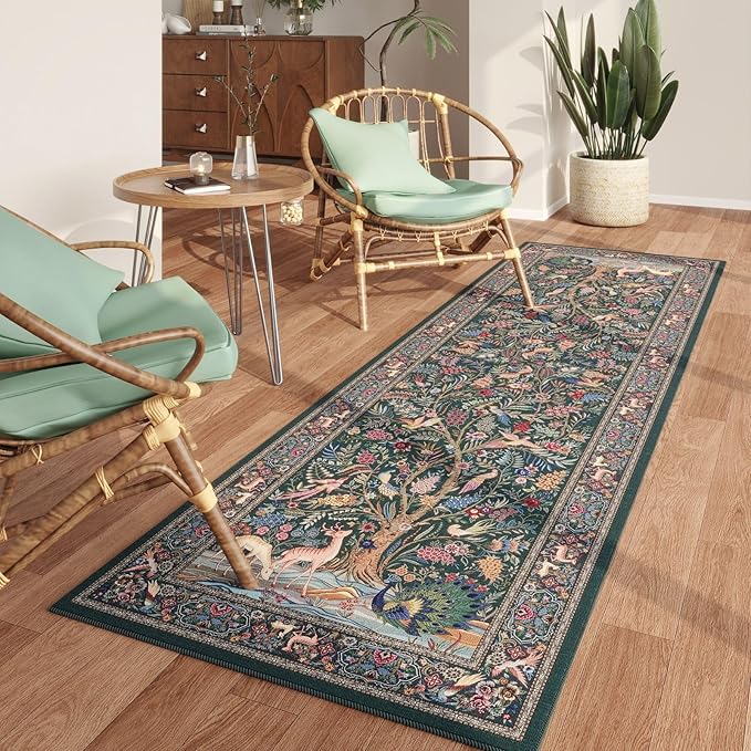 Rugcomf Runner Rug Vibrant Tree of Life-Patterned Vintage Kitchen Rugs Non Slip Washable Soft Carpet Runner for Laundry Bedroom Bathroom, Green