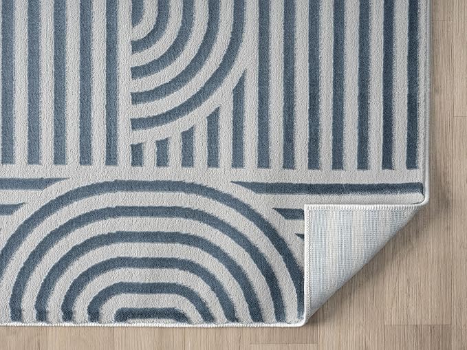 Annabel Modern Geometric Area Rug for Living Room, 6x9 Contemporary Arched and Linear Blue Rug, High-Low Pile Stain Resistant Carpet for Bedroom, Dining Room or Kitchen (6' x 9', Blue)