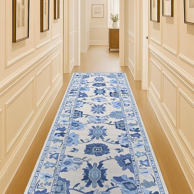 Fame Living Navy Blue Oushak Runner Rug, Modern Runners, Vintage, Turkish, Eclectic, Floral, Pastel, Washable, Runner for Hallway, Kitchen, Bedroom, Bathroom, 2'5"x9'8"