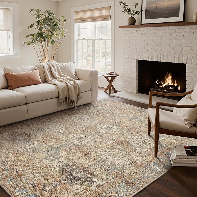 Bavni Clearance 5x7 Area Rugs for Living Room, Machine Washable Rug Non Slip, Vintage Chenille Distressed Print Carpet, Large Low Pile Ultra-Thin Lightweight Rugs for Bedroom, Dining Room, Wood Brown