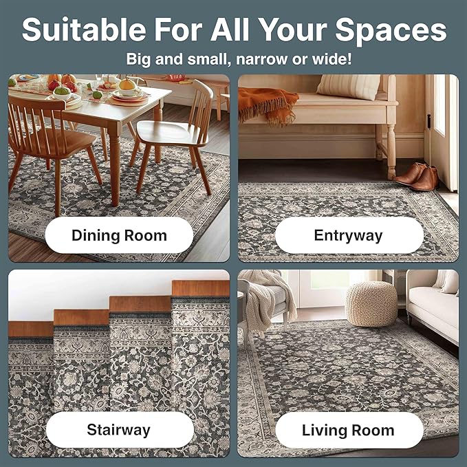 Well Woven Asha Rome Black 6' x 9' Area Rug - Oriental Floral Pattern, Easy Clean, Floor-Friendly Backing - for Living Room, Bedroom, and Dining Room