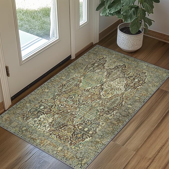 2x3 Entrance Rug Machine Washable Rug Small Door Mat,Ultra-Thin Low Pile Pad,Lightweight Indoor Carpet,Non Slip Floral Area Rug for Entryway,Bedside,Kids Room,Laundry,Bathroom,Sage Green