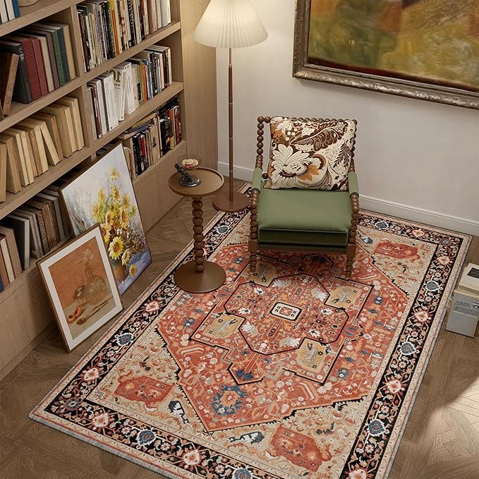 EnHomee 4x6 Washable Area Rugs for Bedroom, Boho Vintage Rugs, Foldable Area Rug for Dining Room, Non-Slip Soft Living Room Rug, Low Pile Large Carpet for Bathroom, Red