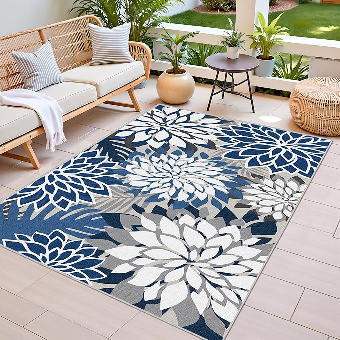 3x5 Washable Rug for Living Room Tropical Botanical Modern Floral Chenille Area Rugs Low Pile Non Slip Carpet for Patio, Bedroom, Laundry, Blue