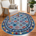 Funky Vintage Blue Red Orange Geometric Texture Indoor Area Rug for Living Room Bedroo Dining Room Faux Wool Soft Low Pile Oval Rugs 6x8 Entrance Nursery Farmhouse Rustic Country Home Office Carpet