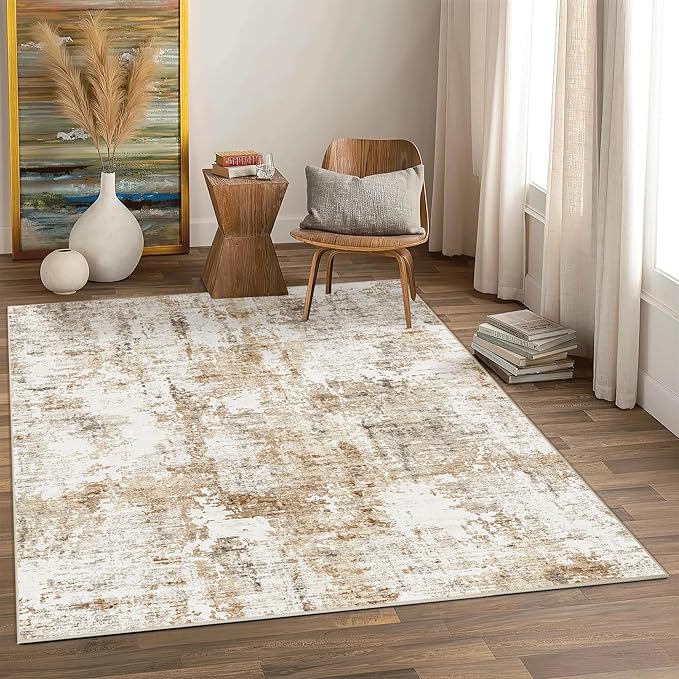 FMFUNCTEX 3x5 Washable Area Rug Abstract Modern Neutral Brown Grey Non Slip Soft Low Pile Thin Accent Entryway Entrance Indoor Carpet for Living Room Bedroom Dining Office Nursery Bedside, Grey Gold