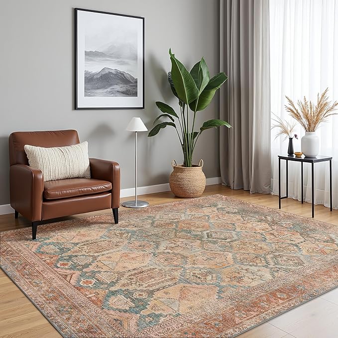 Bavni Kitchen Rug 2x8 Runner Rugs for Hallways Entryway, Washable Vintage Print Carpet, Ultra-Thin Chenille Low Pile Lightweight Rug with Non Slip Backing, Clay