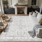 Grey 5x7 Area Rug Vintage Washable Living Room Carpet Non Slip Bedroom Indoor Office Low Pile Traditional Distressed Retro Accent Rug for Dining Room Bathroom Kitchen