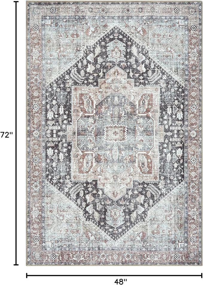 Bloom Rugs Washable Non-Slip 4' x 6' Rug - Charcoal/Brown Traditional Medallion Area Rug for Living Room, Bedroom, Dining Room, and Kitchen - Exact Size: 4' x 6'