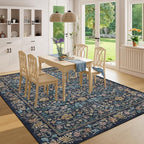 DUKINO 6x9 Rugs for Living Room, Vintage Washable Rug with Non Slip Backing, Floral Low Pile & Non-Shedding Large Area Carpets for Bedroom, Dining Room, Farmhouse, Home Office, Dark Blue