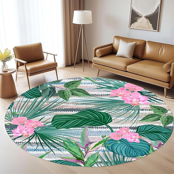 Indoor Outdoor Round Rug 3ft - Blue White Tropical Botanical Pattern, Non-Slip Patio Carpet, Easy-Clean Non-Shedding Rug for Living Room, Kitchen, Garden, Indoor Shower Mat