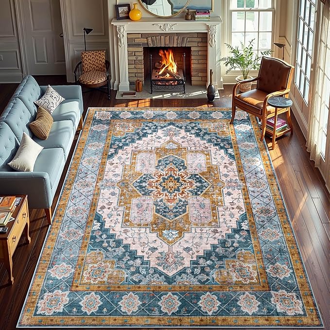 YJ.GWL Area Rugs for Living Room 6x9 Machine Washable Rugs, Non Slip Floral Vintage Rug Indoor Carpet, Stain Resistant Large Rug for Bedroom Dining Room, Brown Blue