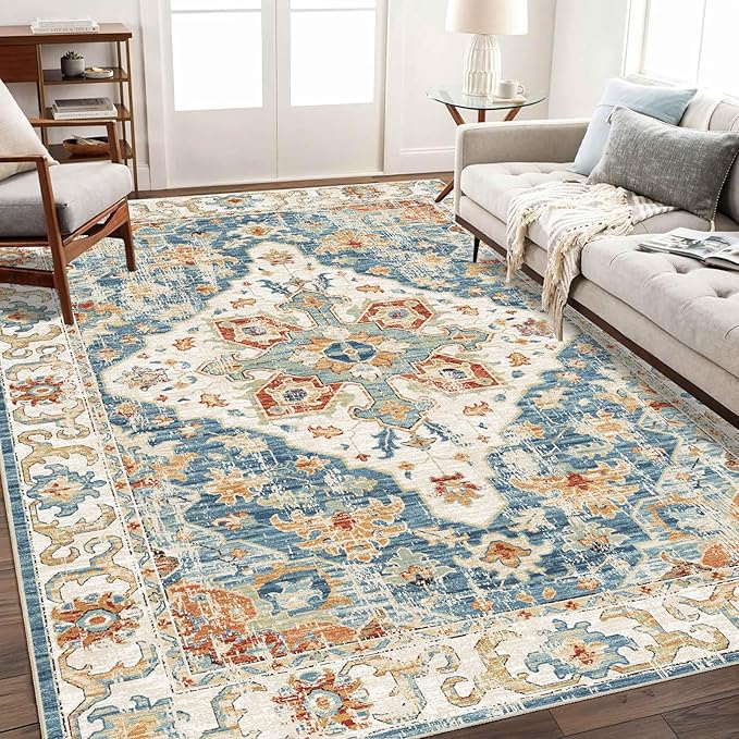 Enkor Area Soft Rugs 4x6 Washable Non Slip Boho Floor Rugs for Living Room Bedroom, Vintage Style Farmhouse Mat for Kitchen Entryway Orange & Blue
