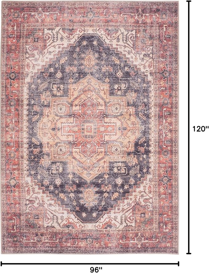 GLN Rugs Traditional Collection - Machine Washable Area Rug, Traditional Washable, Non Slip, Low Pile Chenille Rug, Living Room, Bedroom, Kitchen Rug (8' x 10' Black/Terra)