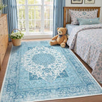 5x7 Area Rug for Bedroom, Machine Washable Rugs with Non-Slip Backing for Living Room, Soft Vintage Carpet Kitchen Laundry Kids Room Decor, Celestial Blue